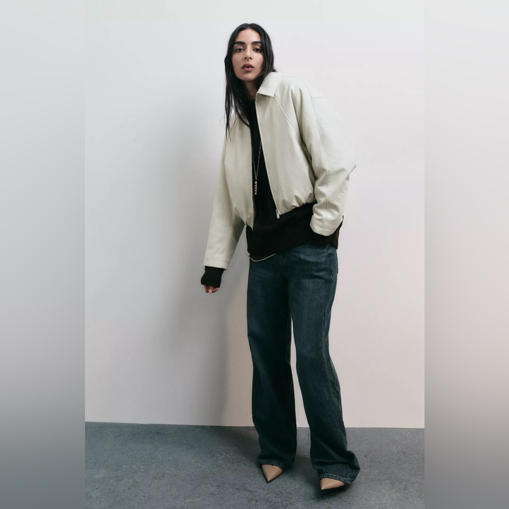 ZARA Faux Leather Bomber Coat Stylish Cream Jacket